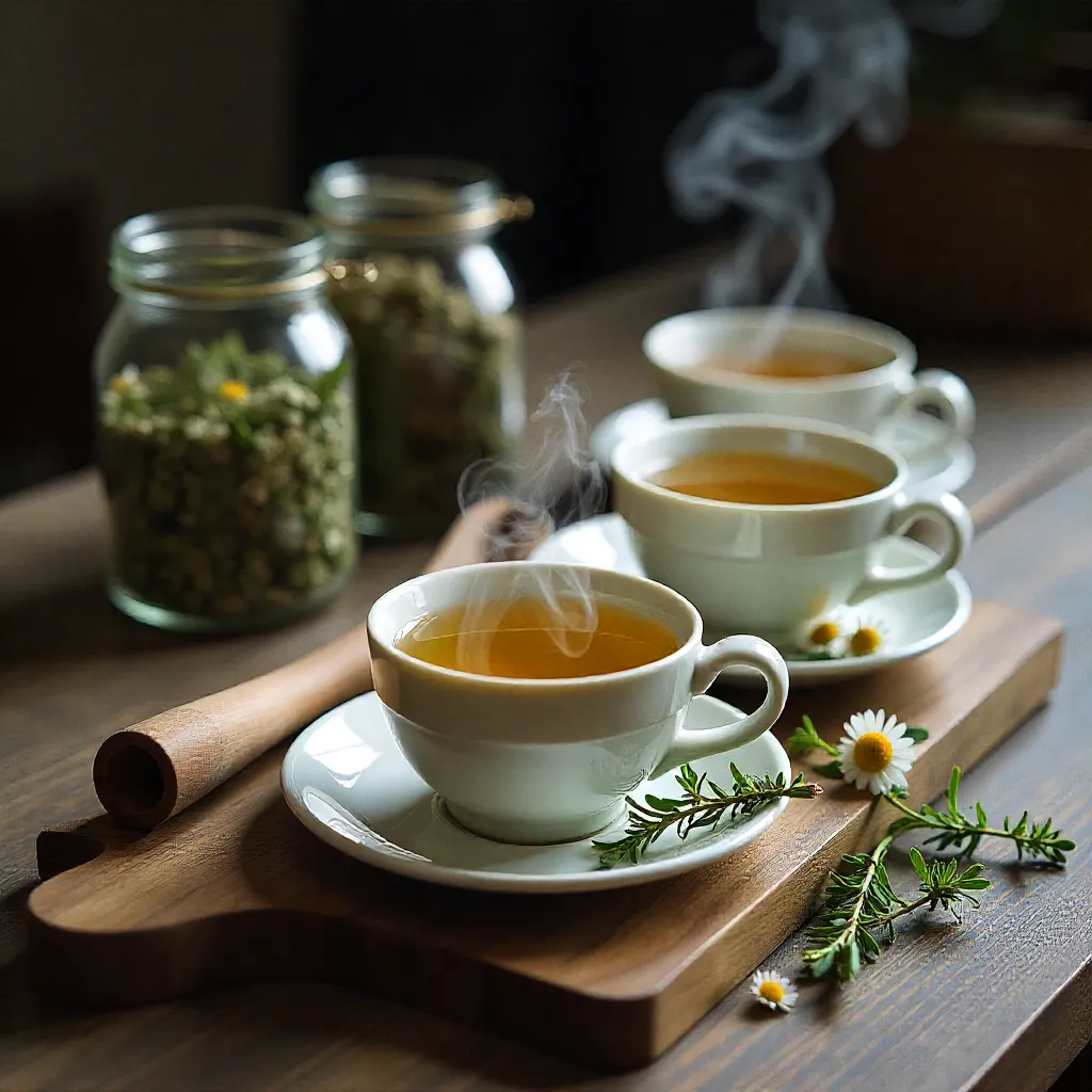 Tea tasting set with steaming cups